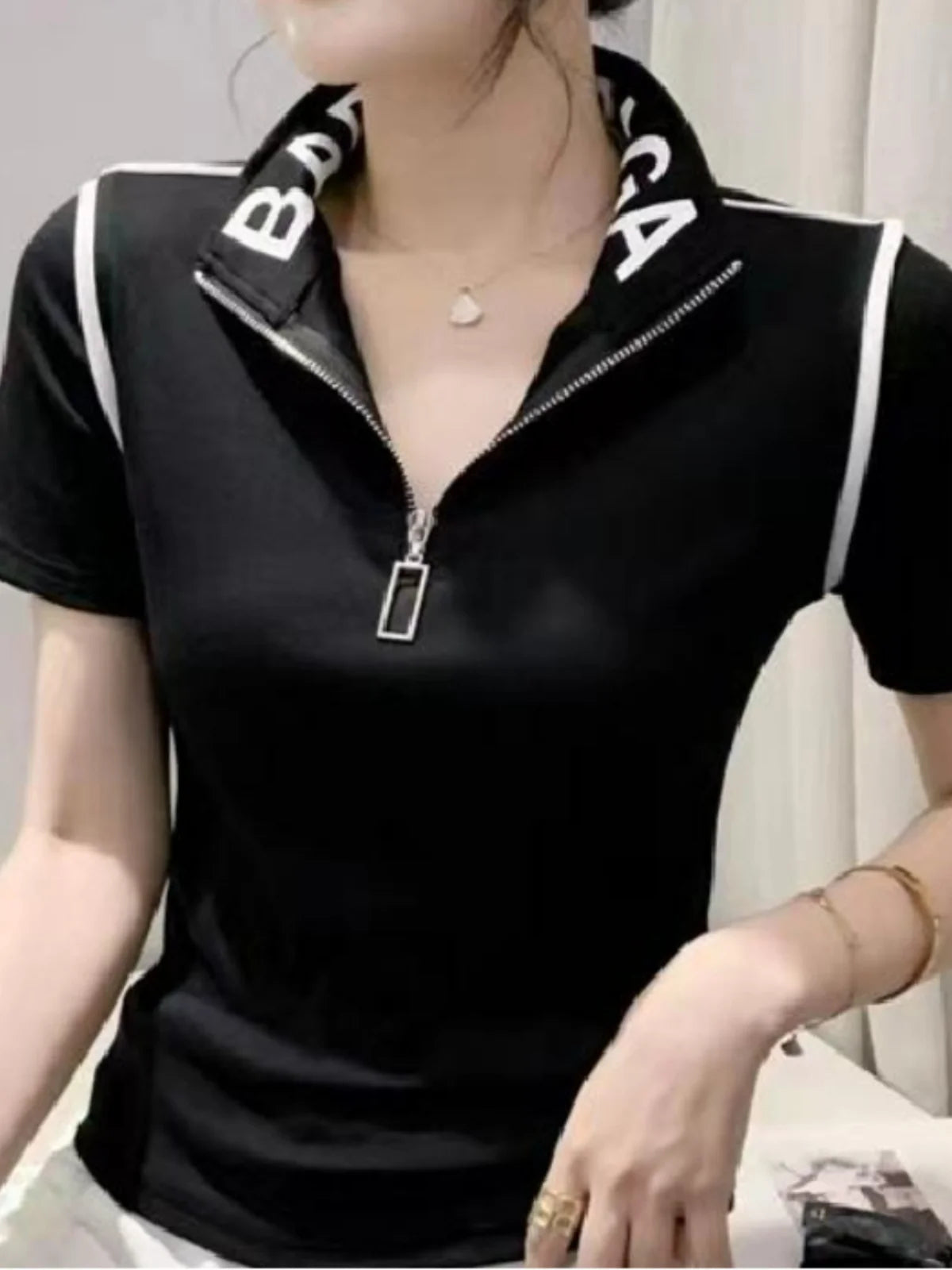 ort Sve T-irt Women's Summer New Faion  irt Zipper Collar Mom's Clothes Anti-Aging Base Layer Top Polyester Fiber
