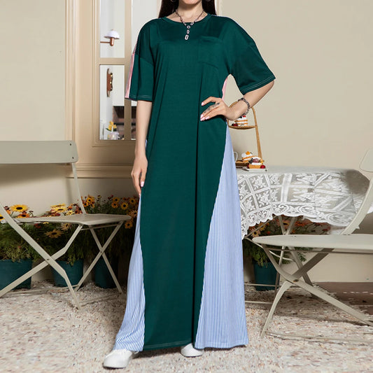 Rafiah Summer Arabian Dress 2025 Casual Edgy Contrast Color Short Sleeve Round Neck Maxi A-Line Long Dress For Women