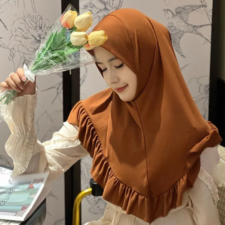 Muslim Hijab for Women Ruffle Turban Islamic Headwraps Arab Headband Big Khimar One Piece Scarf Shawl Solid Color