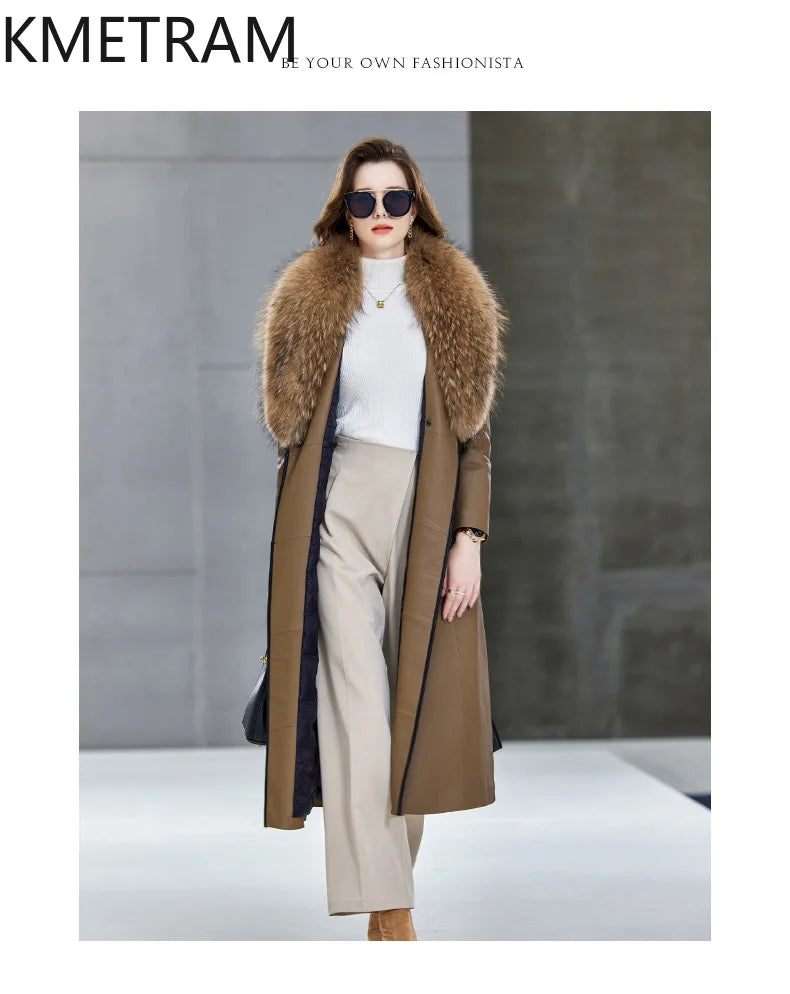 100% Sheepskin Puffer Jacket Women High Quality Long Down Coats Winter Raccoon Fur Collar Coat Womans Clothing Leren Donsjas
