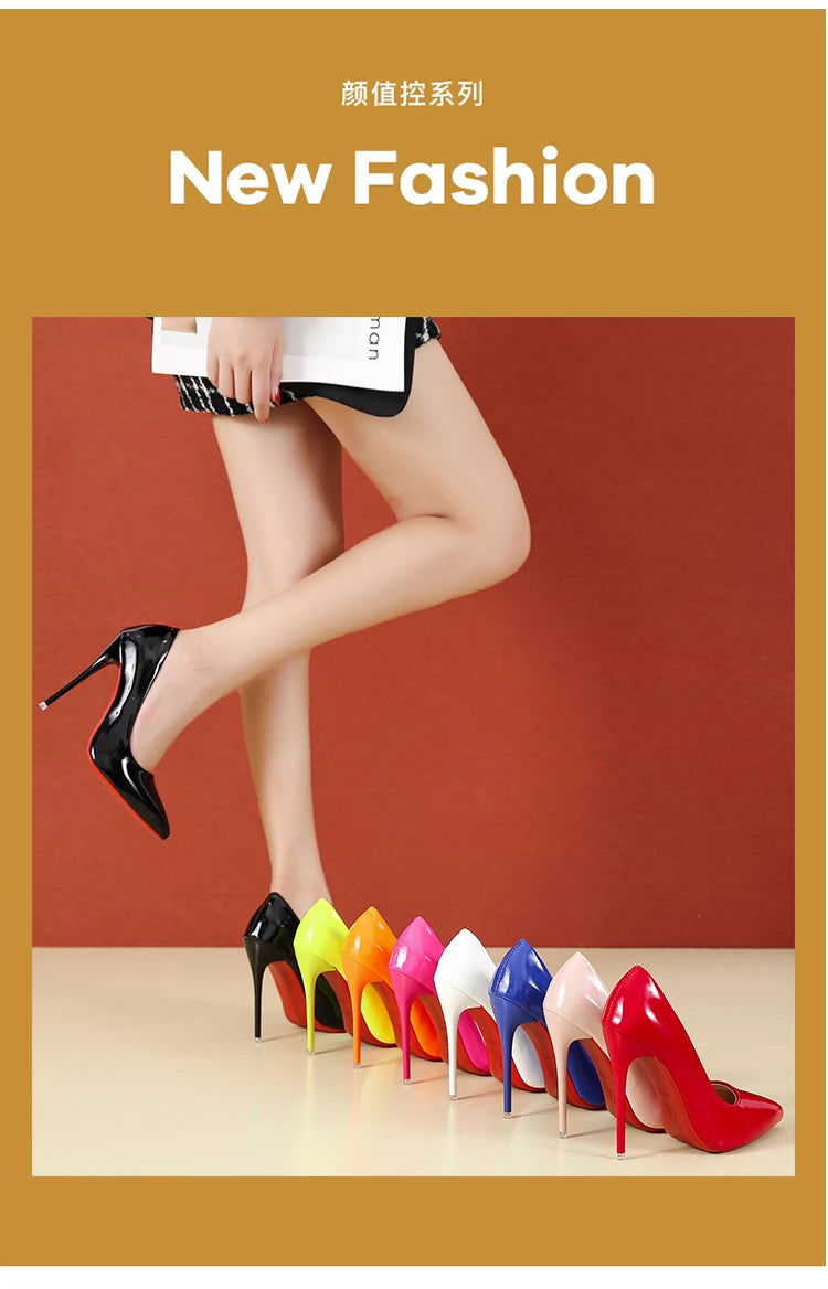 Temperament 12cm Super High Thin Heels Shoes Women Pumps Pointed Toe Colorful Patent Leather Stiletto Wedding Shoe Size 45