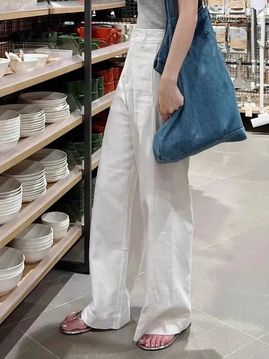 Ele White Cotton Linen Wide Leg Pants Women Summer High Waist Draped Loose Slim Straight Casual Thin Pants