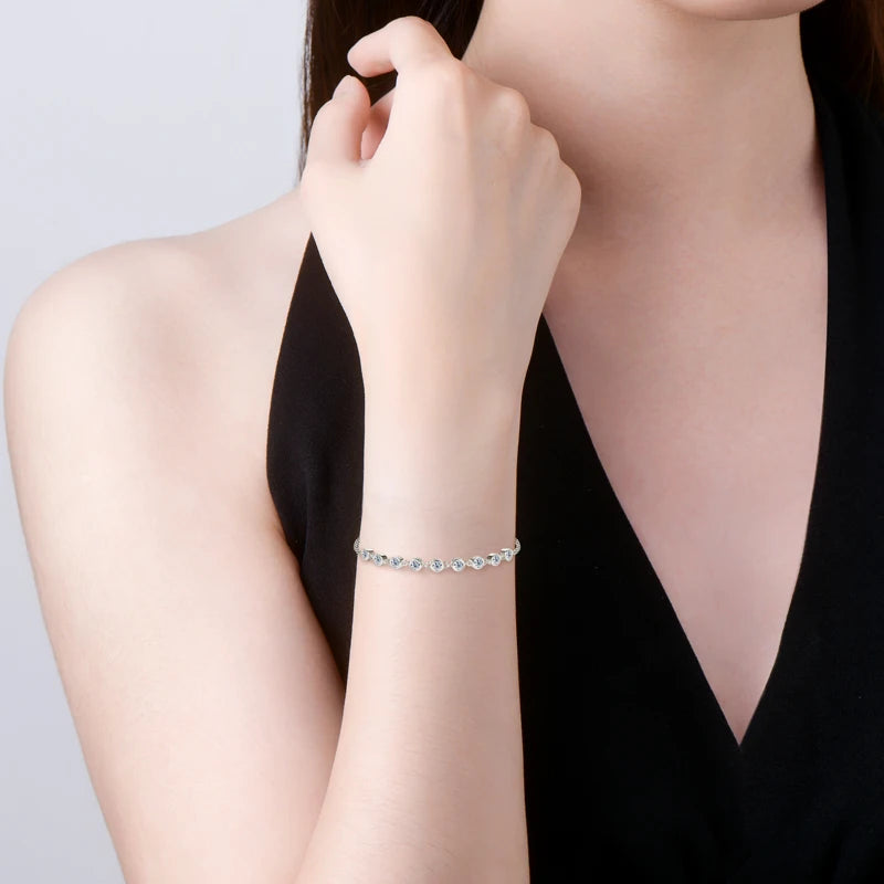 Anziw Real 925 Silver Bubble Bracelet 3mm Bezel Round Cut D Color Moissanite Bracelet for Women Jewelry Gifts with Certificate
