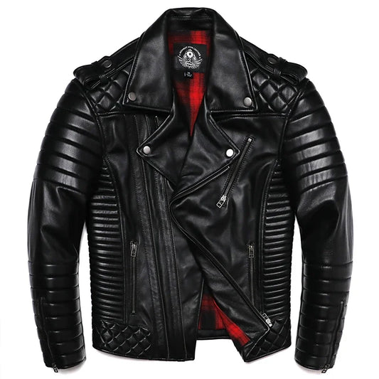 New Sheepskin Genuine Leather Moto Jacket – Slim Oblique Zipper Short Coat for Men