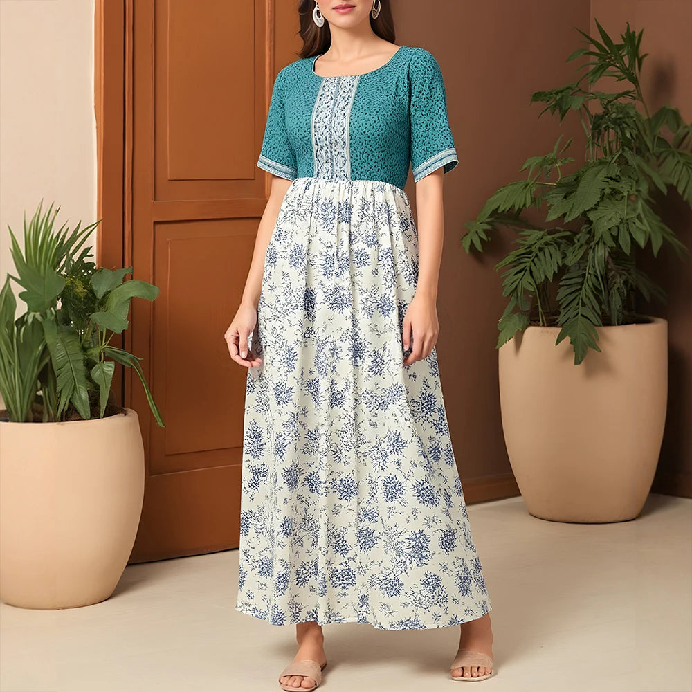 Rafiah Women's Dresses Summer Fashion Elegant 2025 Floral Cultural Short Sleeve Round Neck A-Line Midi Vacation Long Dress