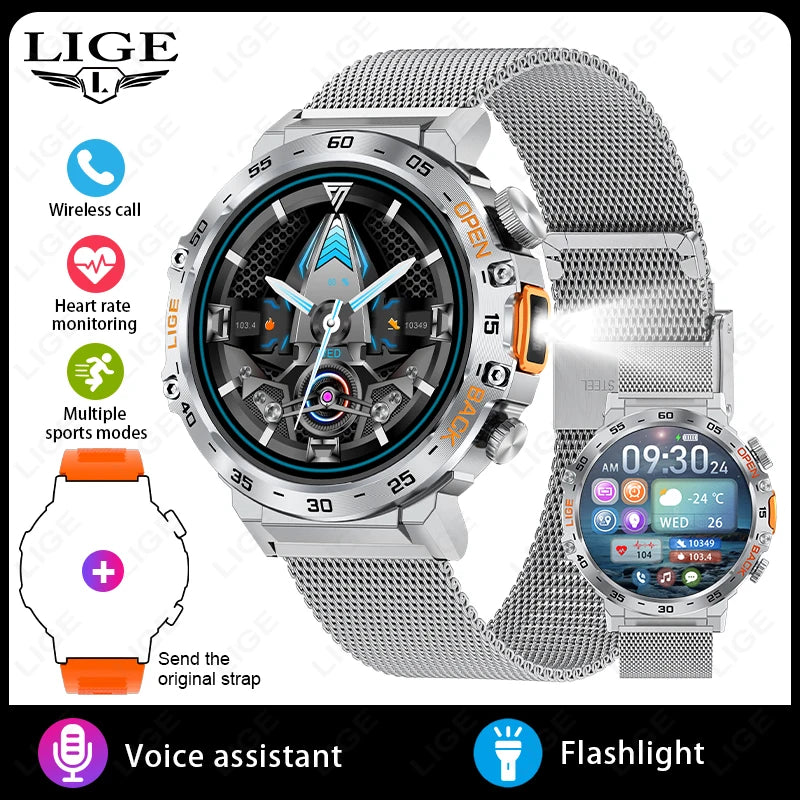 LIGE LED Flashlight Smart Watch Military Watches SOS Bluetooth Call Waterproof Health Monitor Sport Smartwatch For Android ios
