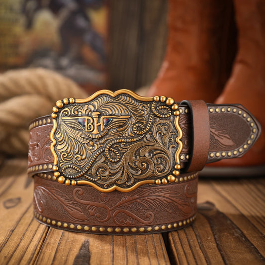 A classic retro PU material embossed belt metal plate buckle head men and women the same daily casual delivery punch nails