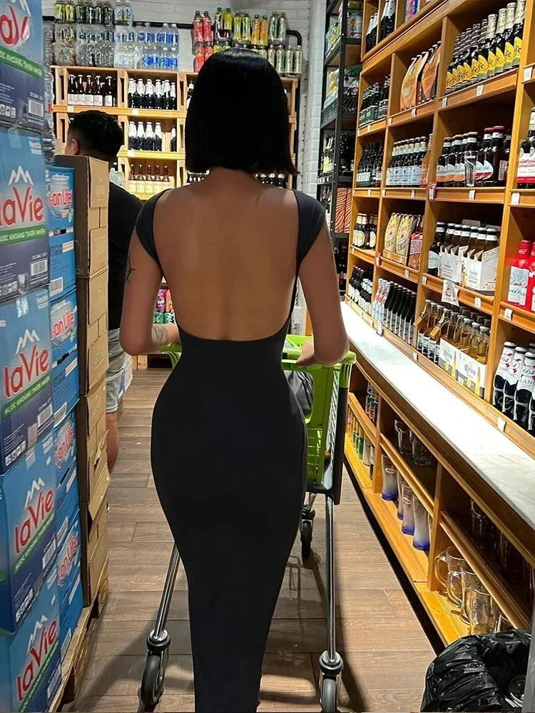 Women Solid Sexy Backless Maxi Dress Women Elegant Elastic Slim Short Sleeve Long Dresses Female Bodycon Streetwear Clothing