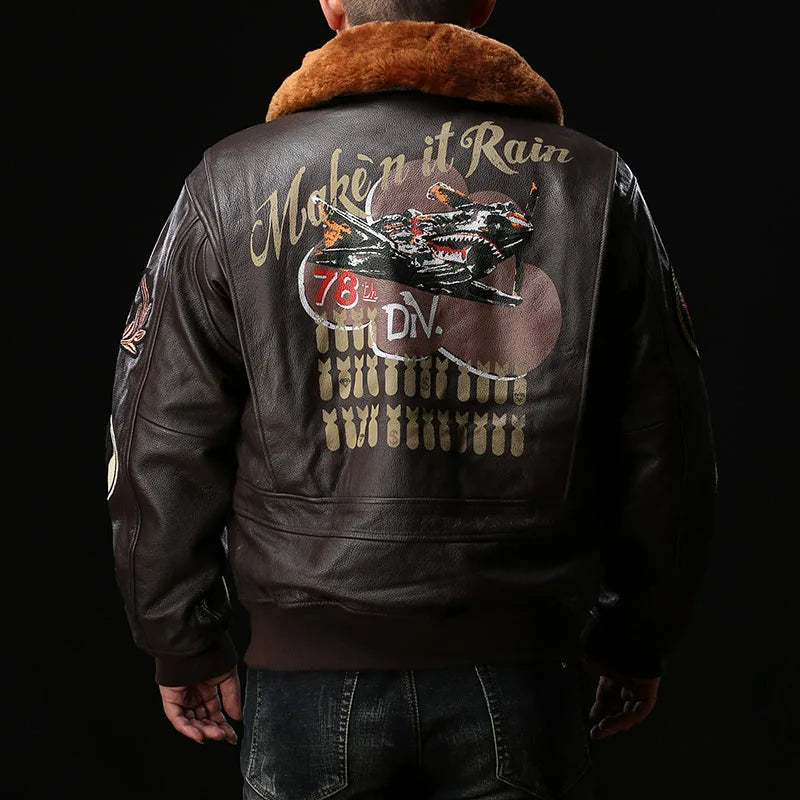 Super Fast Shipping G1 Pilot Jacket Men Removable Hair Collar Genuine Cowhide Vintage Embroidered Label Casual Leather coat TOP