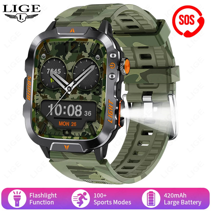 LIGE Military Smart Watch Men 1.96" Screen 3ATM Waterproof Bracelet Bluetooth Call AI Voice Sport Smartwatch With LED Flashlight
