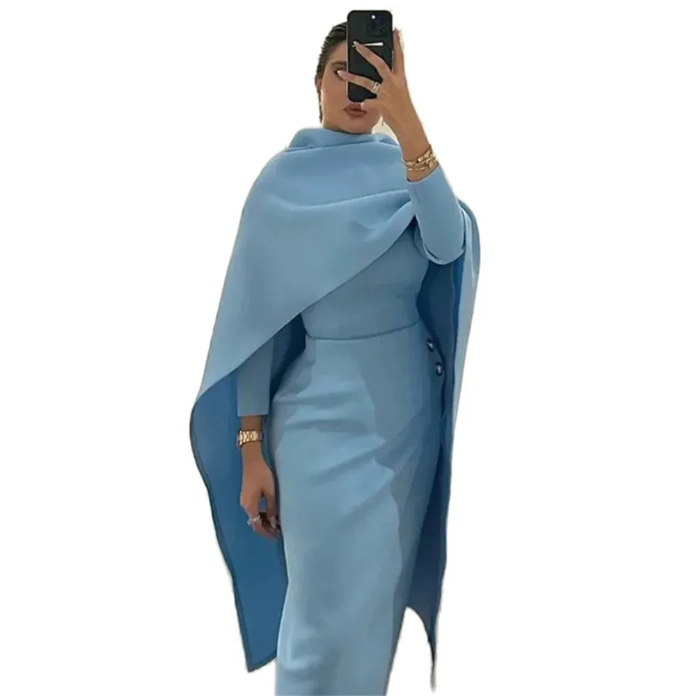 Mila Blue High Neck Long Sleeve  Party Dresses Empire Waist Satin Evening Dresses Detachable Shawl Customized Prom Dresses 2025