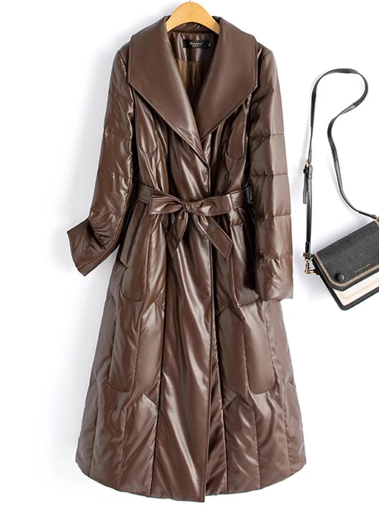 New Women Winter Leather Down Coat Fashion Real Fox Fur Collar Slim Waist Long Leather Coat Casual Thick Warm Overcoat