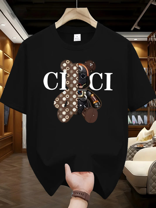 Men's summer 100% pure cotton fashionable casual loose brown mechanical bear cartoon printed round neck short sleeved T-shirt
