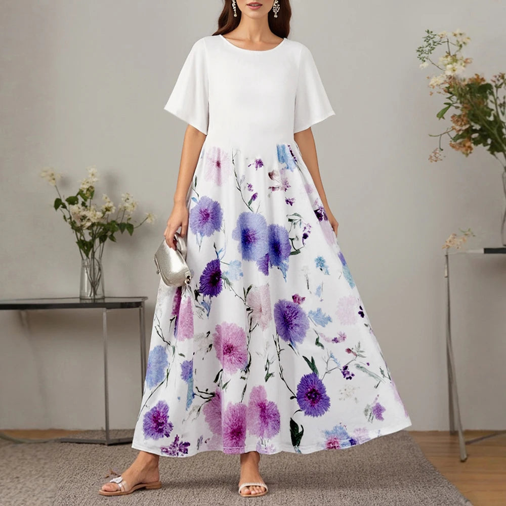 Rafiah Summer Arabian Dress 2025 Women's Decent Flower Print Short Sleeve Round-Neck A-Line Daily Basic Midi Dress