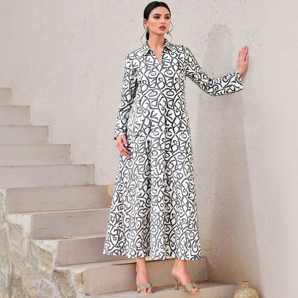 Plus Size Rafiah Women's Summer Arabian Dress 2025 Line Printing Long Sleeve Half Open Collar A-Line Draped Long Dress