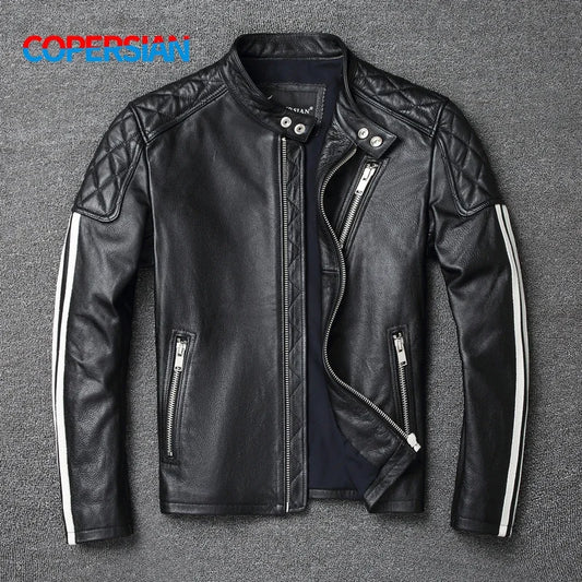 New fashion Men Leather Jacket 100% Genuine Cowhide Coat  White Stripes  Cool Biker Slim Short Autumn Leather Clothing.