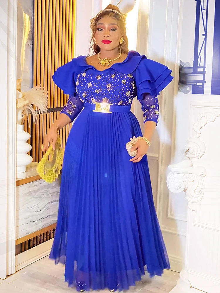 2025 Spring Long Dresses For Women Party Evening Gown African Dashiki Diamond Pleated Maxi Robe Dubai Turkey Kaftan Clothing