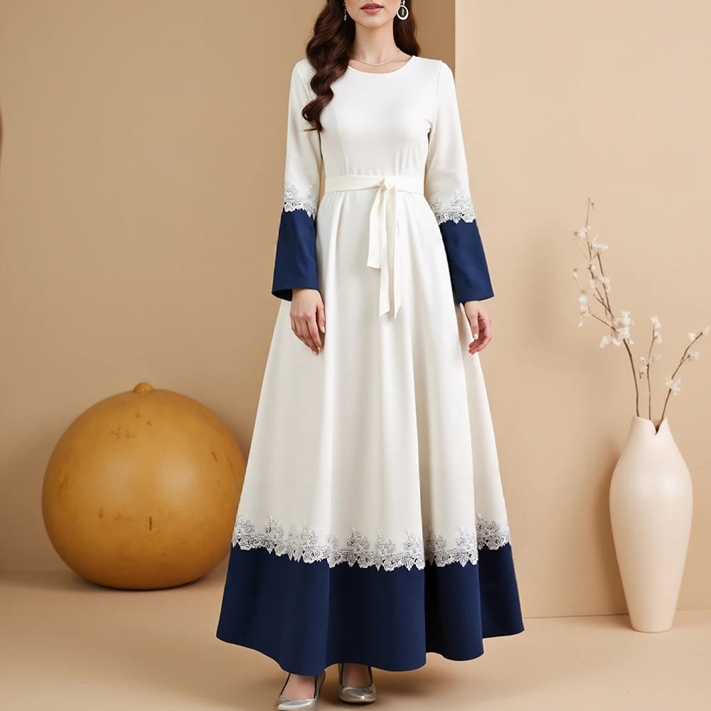 Rafiah Summer Long Dresses 2025 Casual Elegant Patchwork Lace Long Sleeve Crew Neck Midi A-Line Evening Dresses For Women