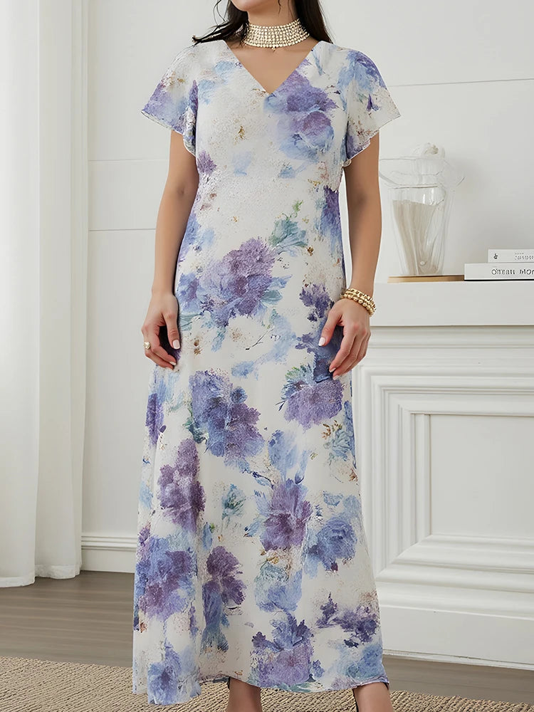 Rafiah Women's Dresses Summer 2025 Elegant Floral Print Contrast Color Short Sleeve V-Neck Daily Fashion Loose Dresses