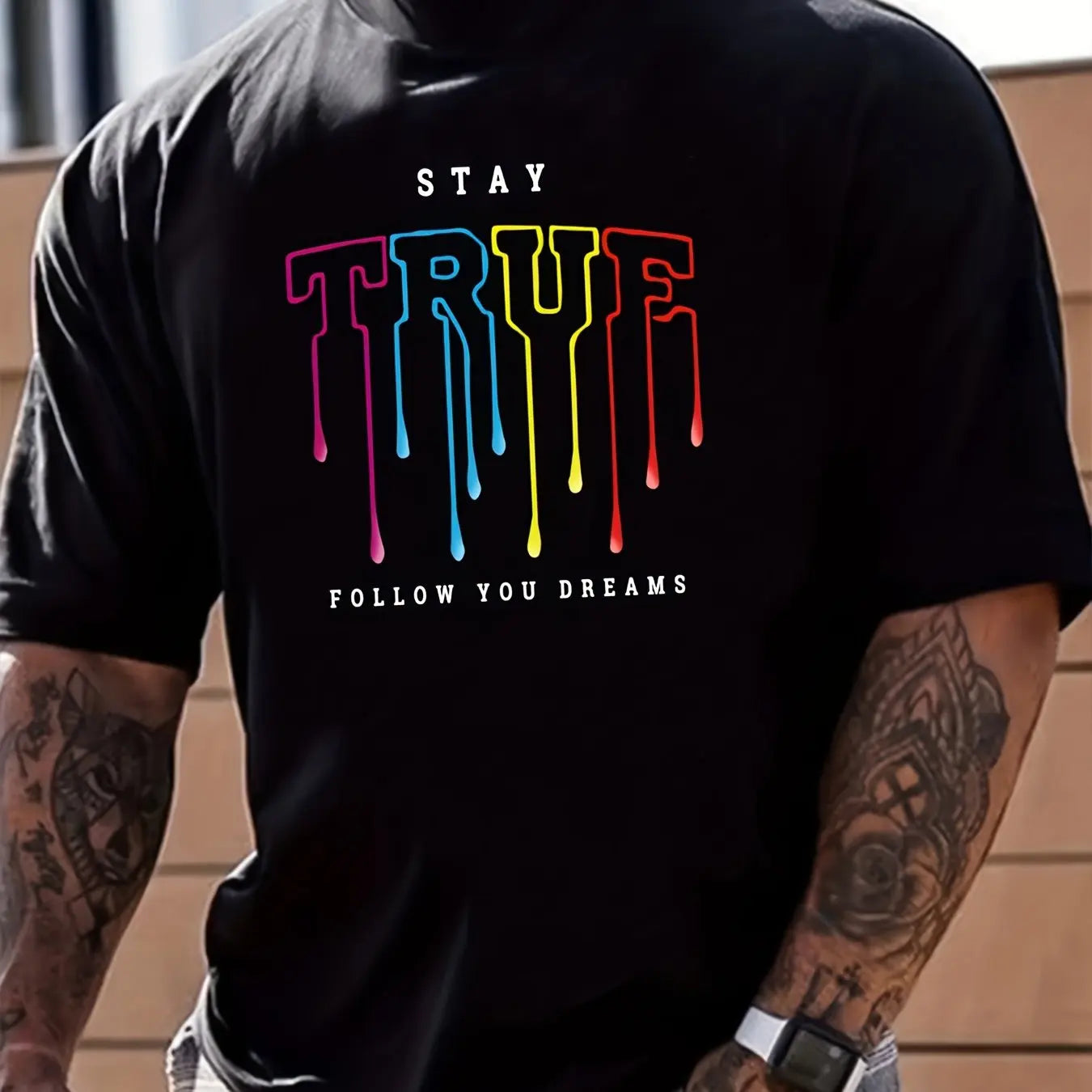 Men’s Summer 100% Cotton Casual T-Shirt,“Stay” Letter Print | Loose Fit | Round Neck | Breathable Comfort