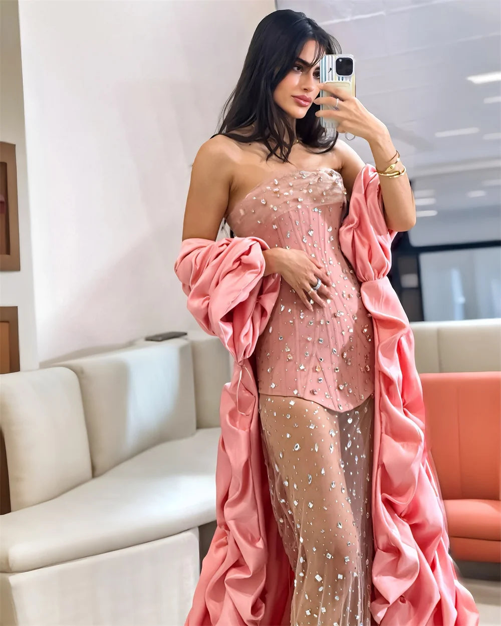 Mila Pink Strapless Prom Dresses Flower Cape Corset Evening Dresses Sexy Floor-Length Shiny Sequins Customized Party Dresses