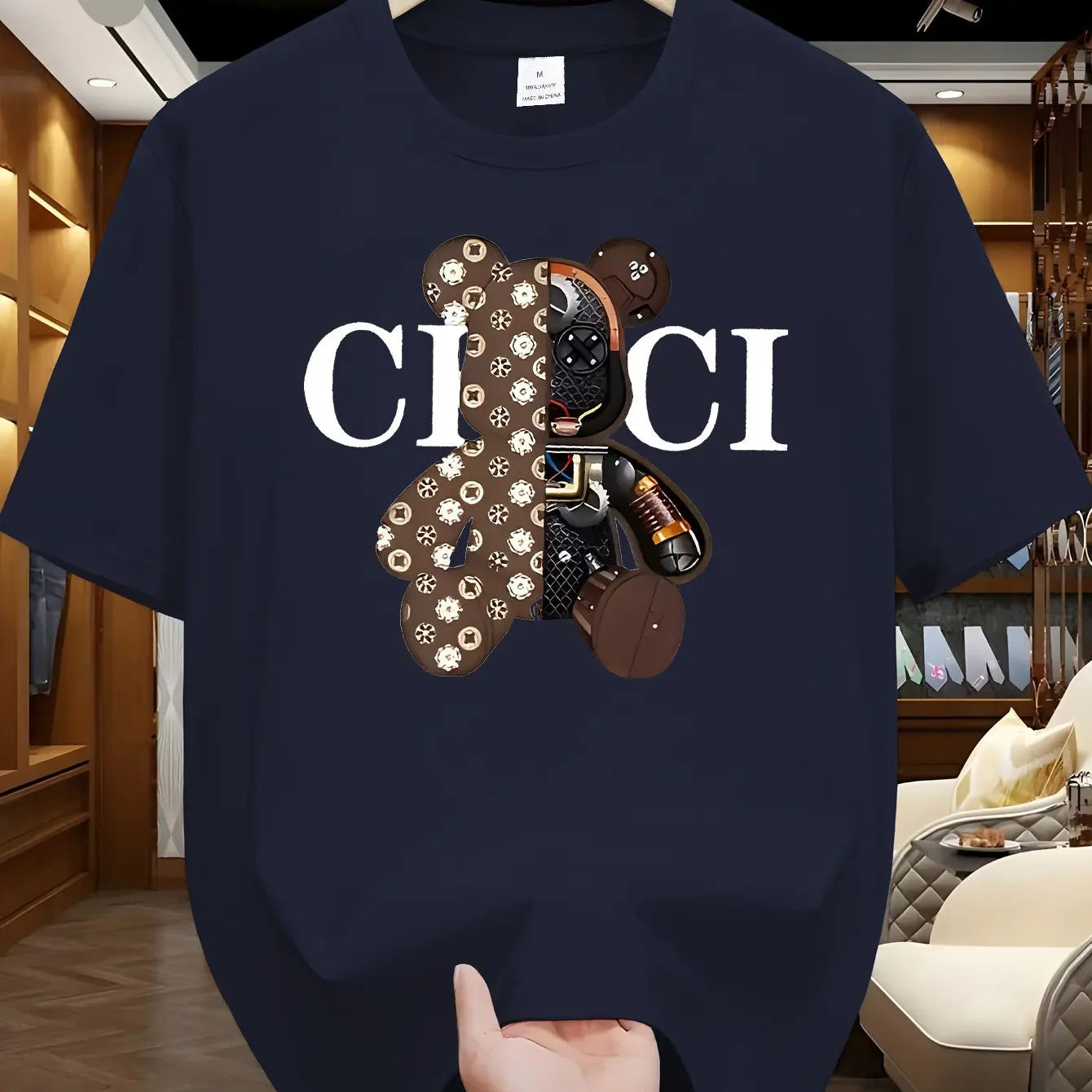 Men's summer 100% pure cotton fashionable casual loose brown mechanical bear cartoon printed round neck short sleeved T-shirt