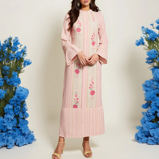Rafiah Summer Long Arabian Dress 2025 Modest Fashion Stripes Floral Long Sleeve Crew Neck Midi Daily Shift Dresses