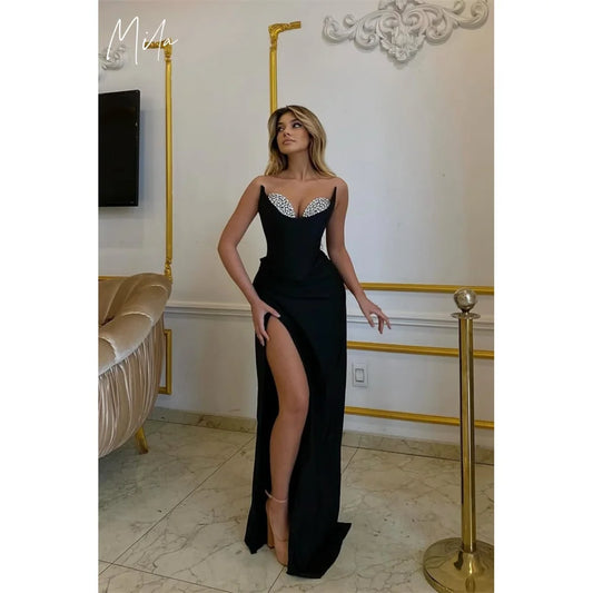 فساتين ميلا بلاك للحفلات بتصميم رقبة على شكل حرف V، بدون أكمام، وفتحة جانبية عالية، فساتين سهرة أنيقة بطول الأرض