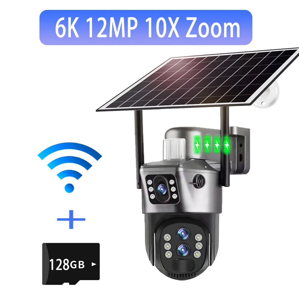 Solar Outdoor Surveillance Camera 4G Sim 6K 12MP Three Lens 10 Digital Zoom Wireless Cctv PTZ IP66 Security Solar Panel Cameras