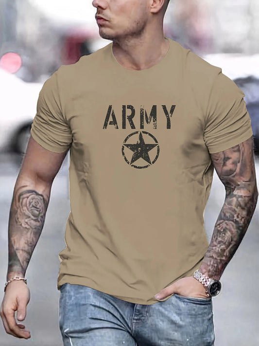 Men's summer 100 cotton fashionable casual loose sports ARMY and five pointed star printed round neck short sleeved T-shirt top