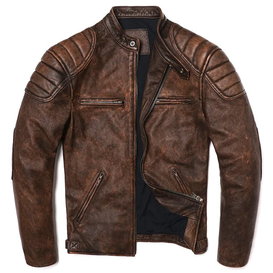 Vintage Camel Yellow Genuine Leather Biker Jacket – Slim Fit Cowhide Men’s Motorcycle Coat