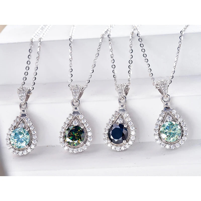 JoyceJelly 1CT Colorful Moissanite Necklace Sterling Silver 925 Jewelry Female Water Drop Shaped Pendant Top Quality Dating Gift