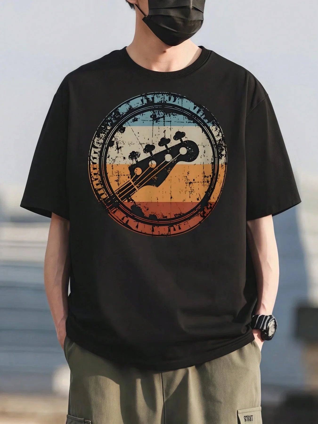 🎸 Men’s Summer 100% Cotton Casual T-Shirt,Retro Guitar Print | Loose Fit | Round Neck | Breathable Comfort