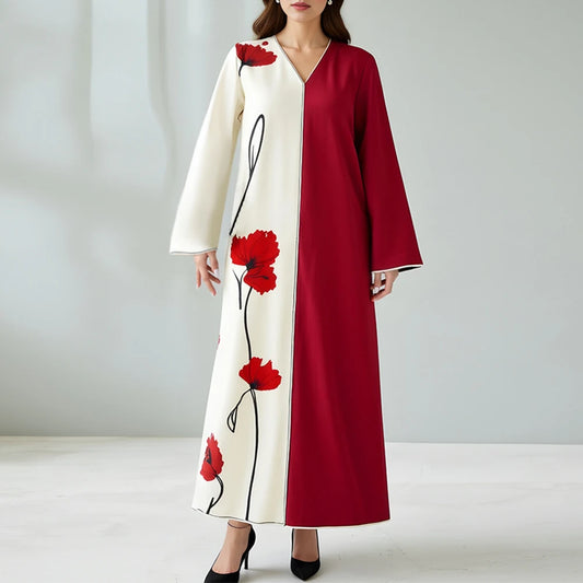 Rafiah Summer Dress 2025 Floral Patchwork Women's Fashion Long Sleeve V-Neck A-Line Maxi Dating Arabian Dress