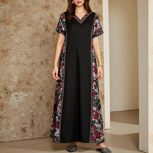 Rafiah Women's Arabian Dress Summer Fashion Opulent Contrast Color Short Sleeve V-Neck Midi A-Line Long Dating Dress