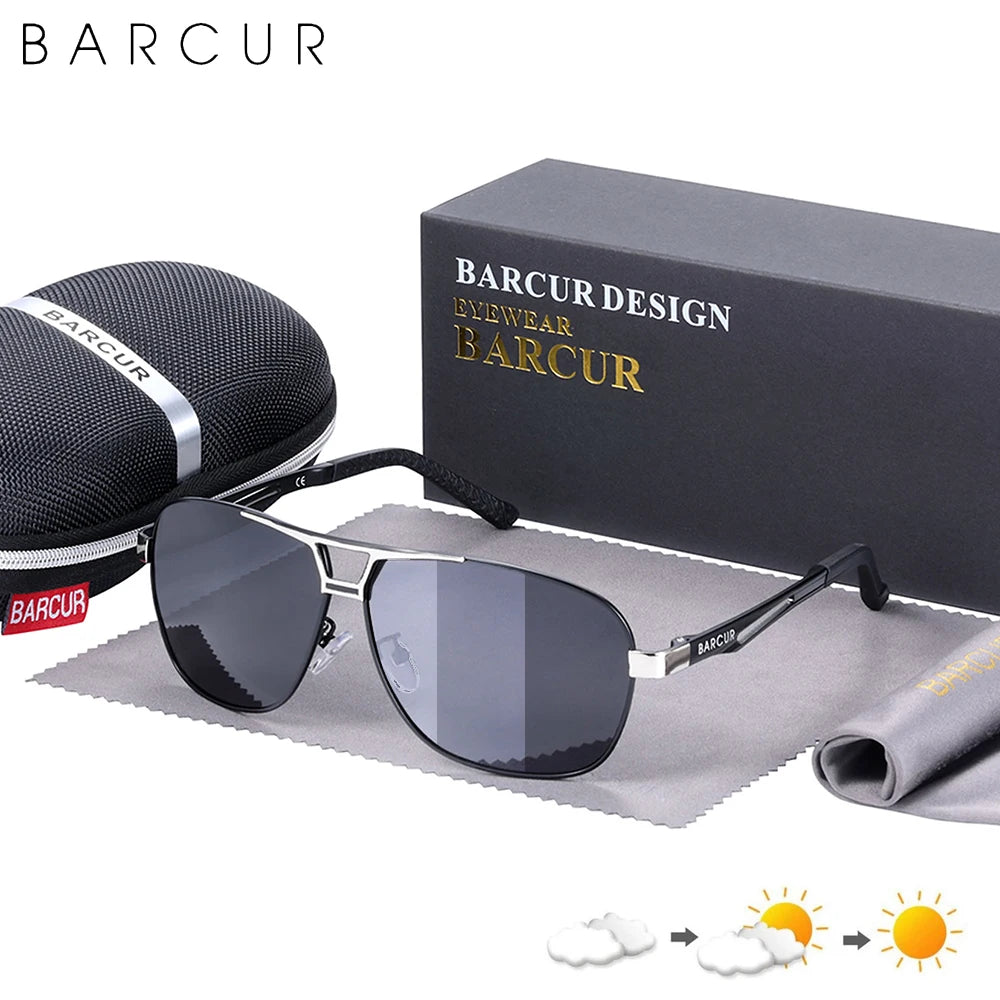 BARCUR Pilot Photochromic Sunglasses Metal Frame Men Polarized Sun Glasses Glass Eyewear Trend Styles UV400 Protection