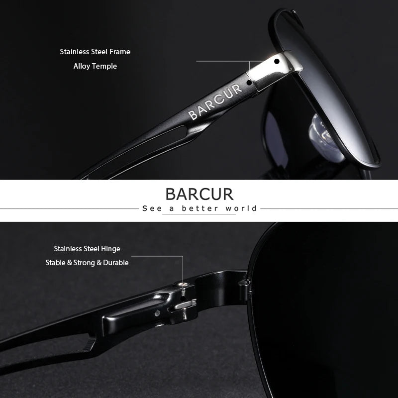 BARCUR Design Pilot Sunglasses Metal Frame Men Polarized Sun Glasses Mirror Eyewear Trend Styles UV400 Protection