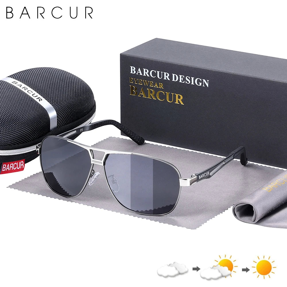 BARCUR Pilot Photochromic Sunglasses Metal Frame Men Polarized Sun Glasses Glass Eyewear Trend Styles UV400 Protection