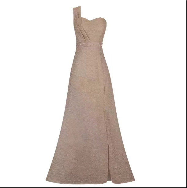 Women’s One-Shoulder Sleeveless Bronzing Split A-Line Long Dress – Urban Chic Temperament Style