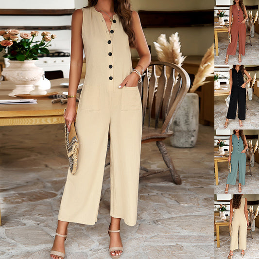 Linen Button-Up Sleeveless Wide-Leg Jumpsuit – Summer Casual Temperament Style