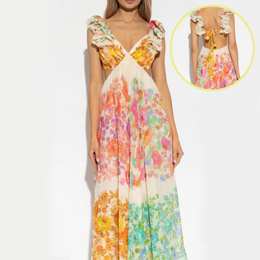 Floral V-Neck Backless Maxi Dress – Romantic Summer Beach Holiday Dress