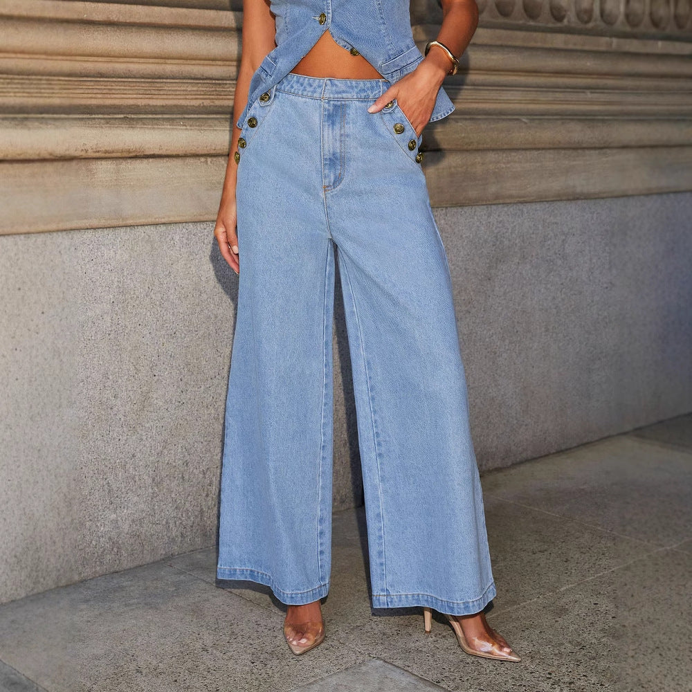 Women's Denim Vest Suit Set – Sleeveless Button Top & Wide-Leg Pocket Pants