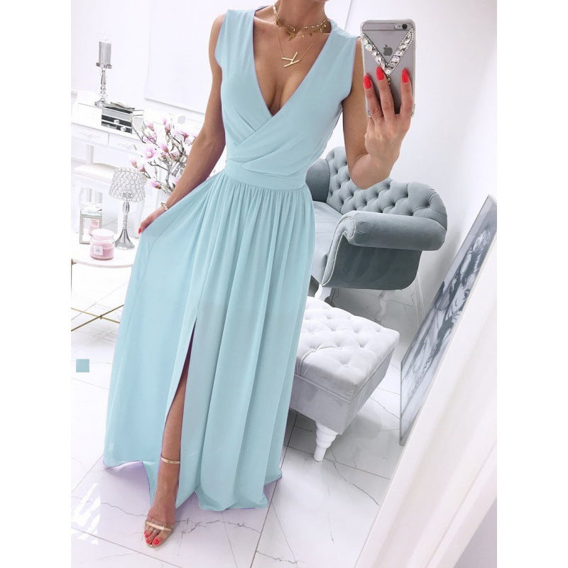 Women's Sleeveless V-Neck Front Split Maxi Dress – Summer Solid Color Long Skirt