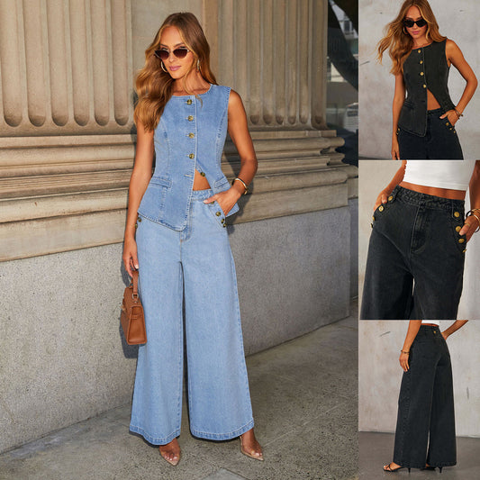 Women's Denim Vest Suit Set – Sleeveless Button Top & Wide-Leg Pocket Pants