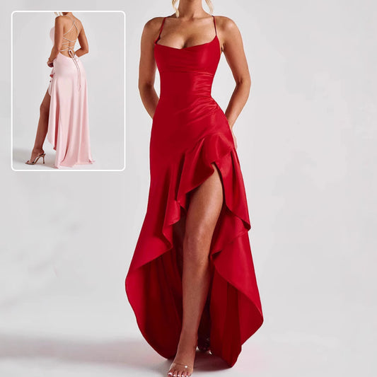 Women's Backless Ruffles Irregular Split Suspender Maxi Dress