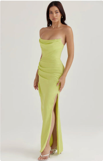 Satin Tube Top Split Dress – Knee-Length Summer Elegance