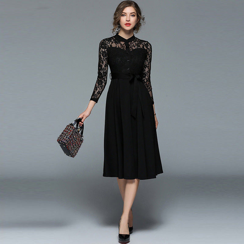 Women’s Hollowed-out Lace Patchwork Lace-Up Skirt