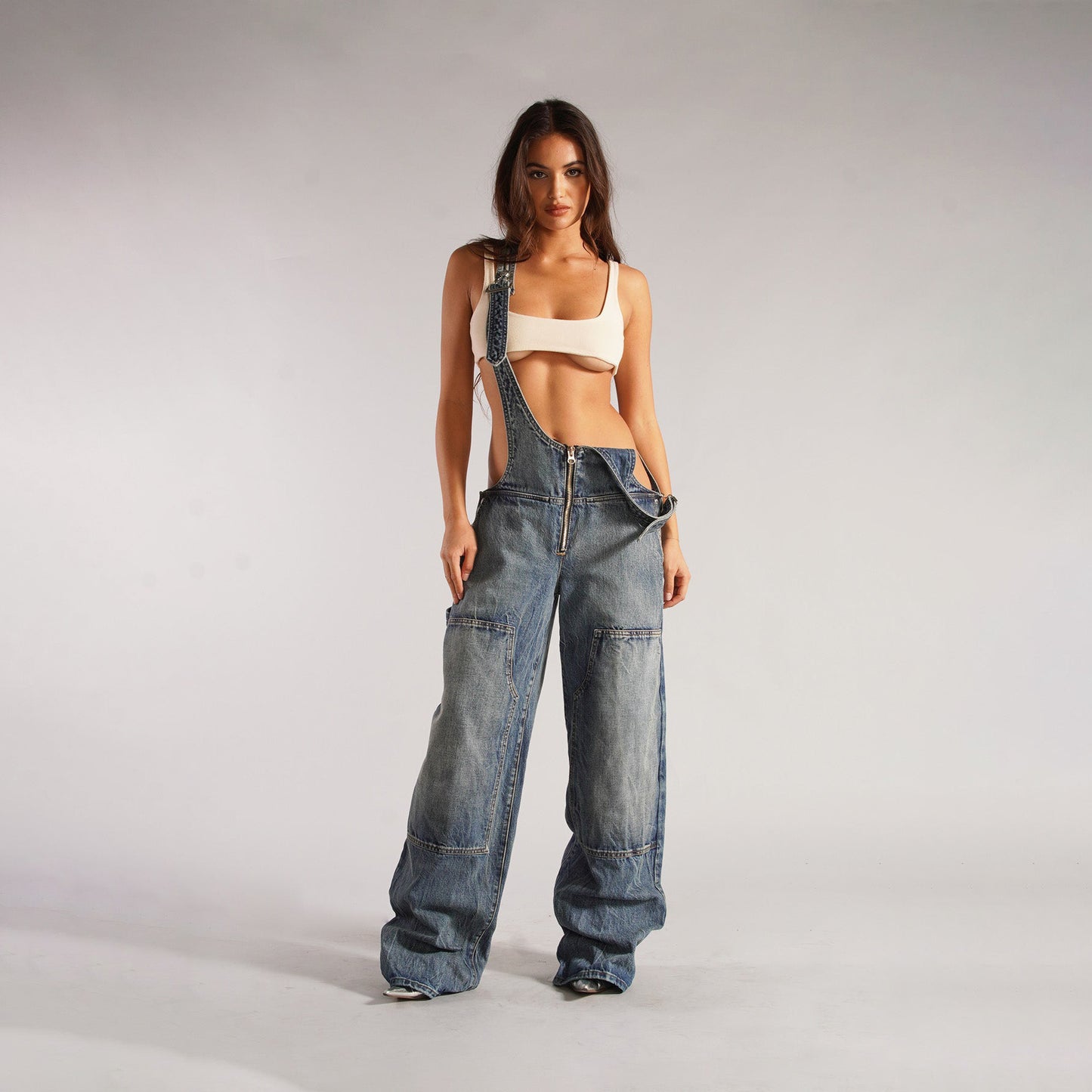 Y2K Zipper Denim Overalls With Pockets, Loose Suspender Jumpsuit ,Jeans Pants.
