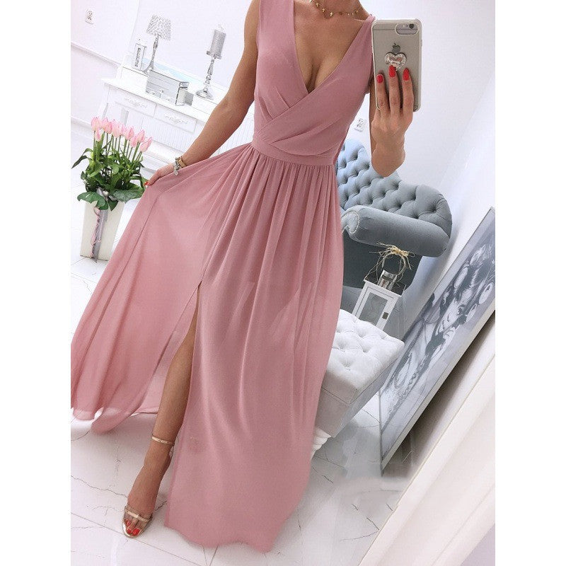 Women's Sleeveless V-Neck Front Split Maxi Dress – Summer Solid Color Long Skirt