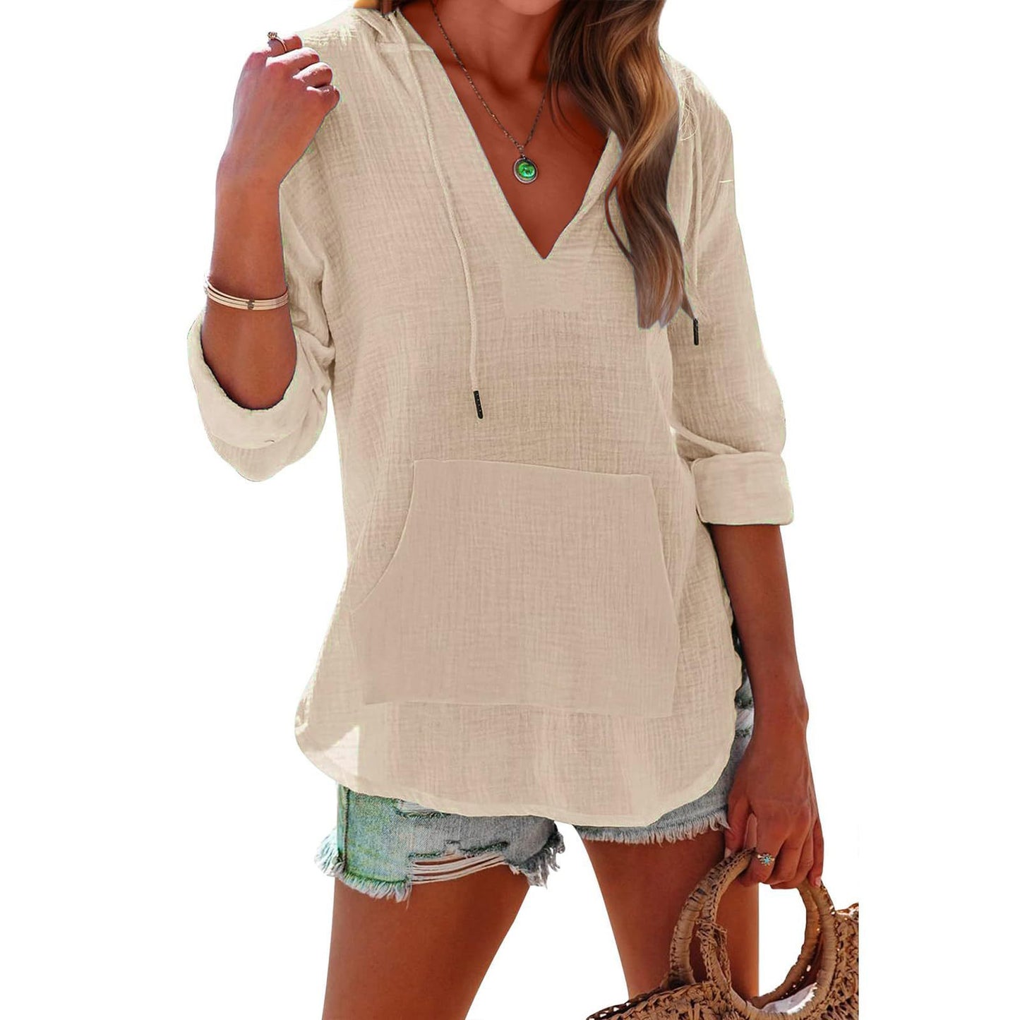 V-neck Hooded Shirt With Pockets Fashion Sports Long-sleeved Split Shirts Tops For Women Clothing